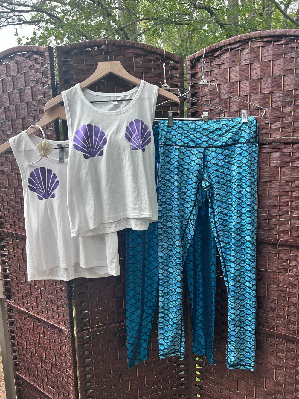 Two Mermaid Costumes Fitness Party Theme Halloween 2 shirts 2 leggings S-M